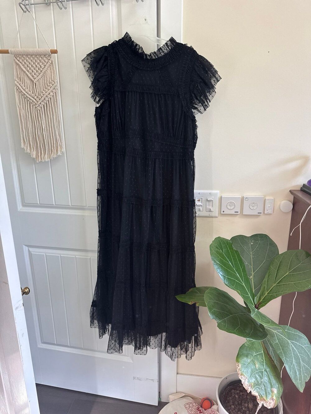 Boden Edie Tiered Tulle Midi Dress Black Swiss Dot 12P